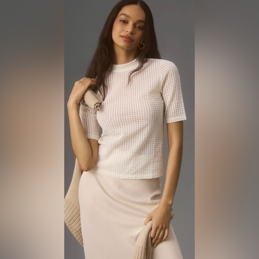 Maeve by Anthropologie Sheer Mesh Mock-Neck Short Sleeve Top